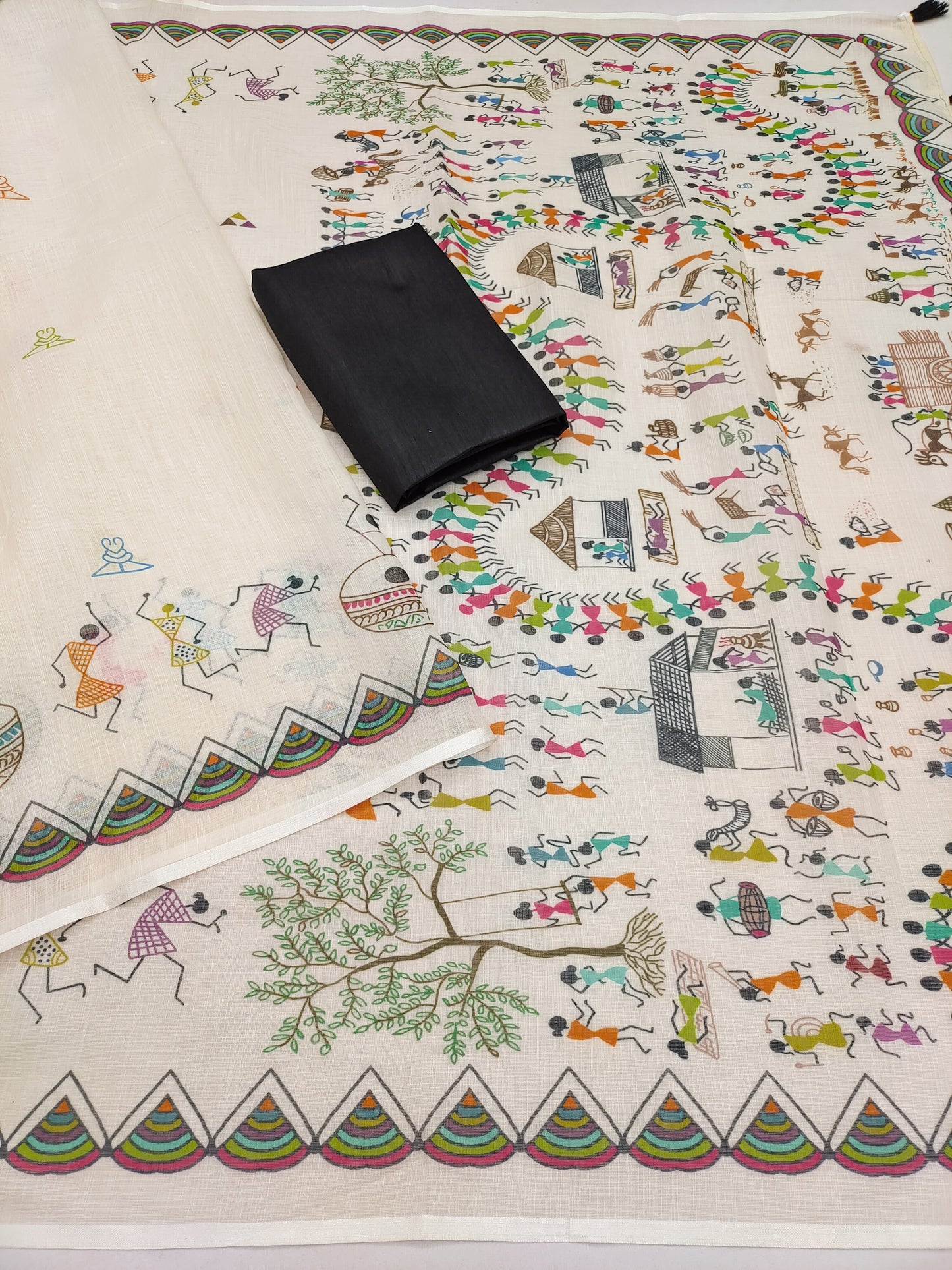 Vibrant Off-White Linen Saree with Multicolor Warli Festival Story Pallu