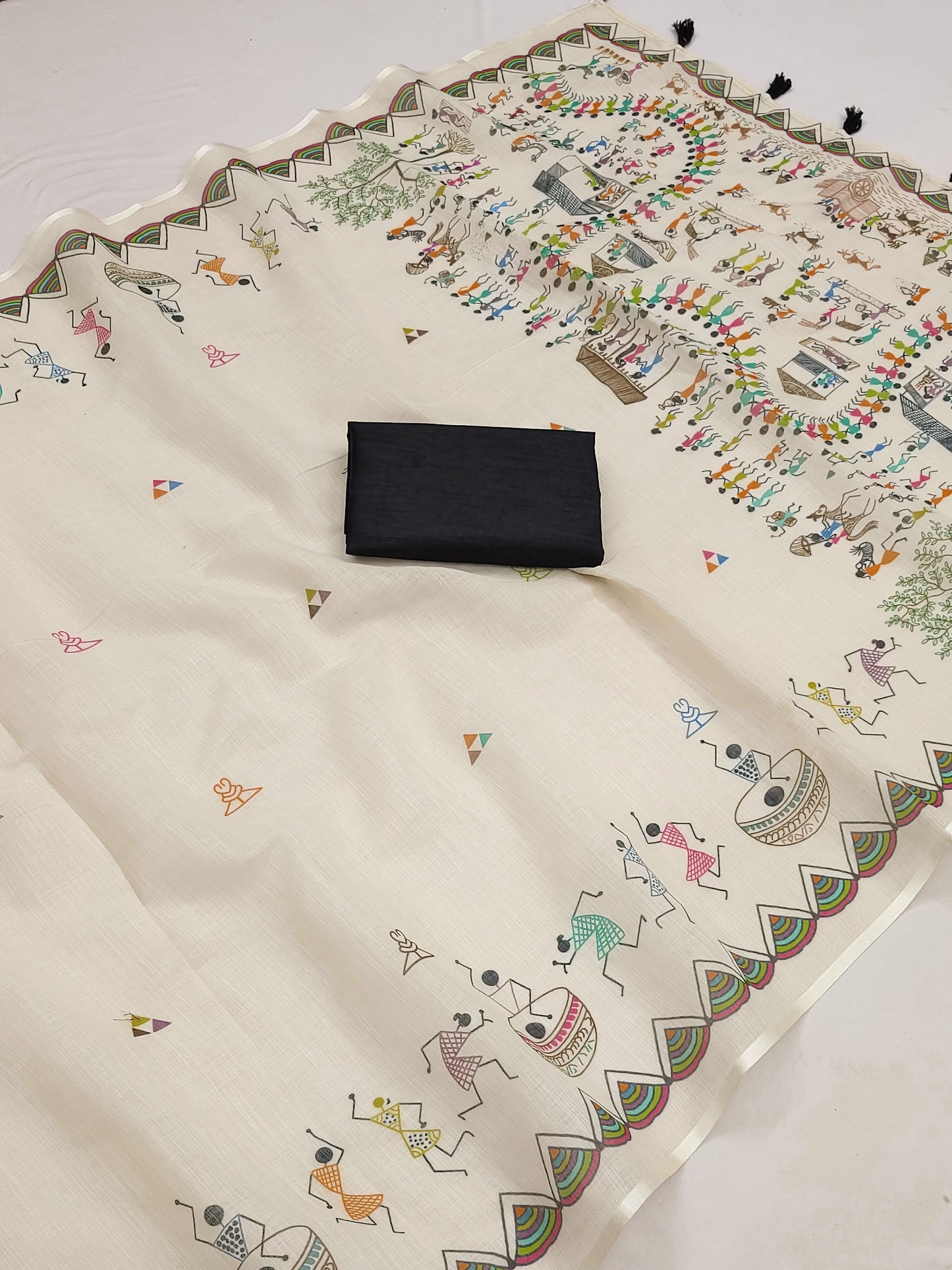 Vibrant Off-White Linen Saree with Multicolor Warli Festival Story Pallu