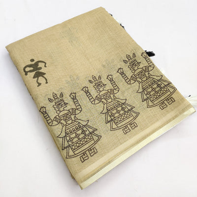 Elegant Beige Linen Saree with Tribal Dancer Border & Folk Art Motifs
