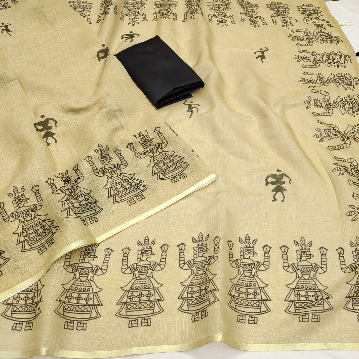 Elegant Beige Linen Saree with Tribal Dancer Border & Folk Art Motifs