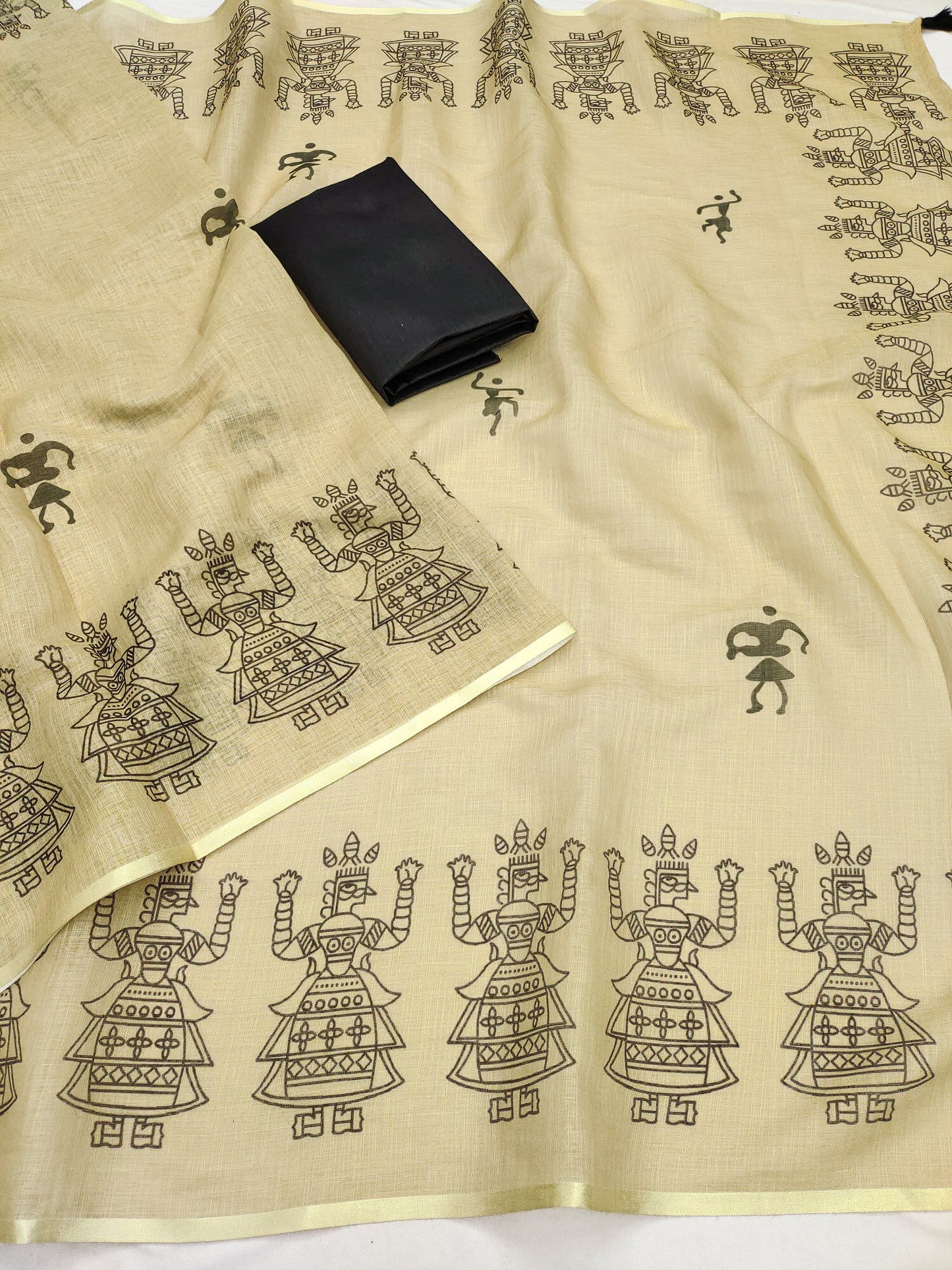 Elegant Beige Linen Saree with Tribal Dancer Border & Folk Art Motifs