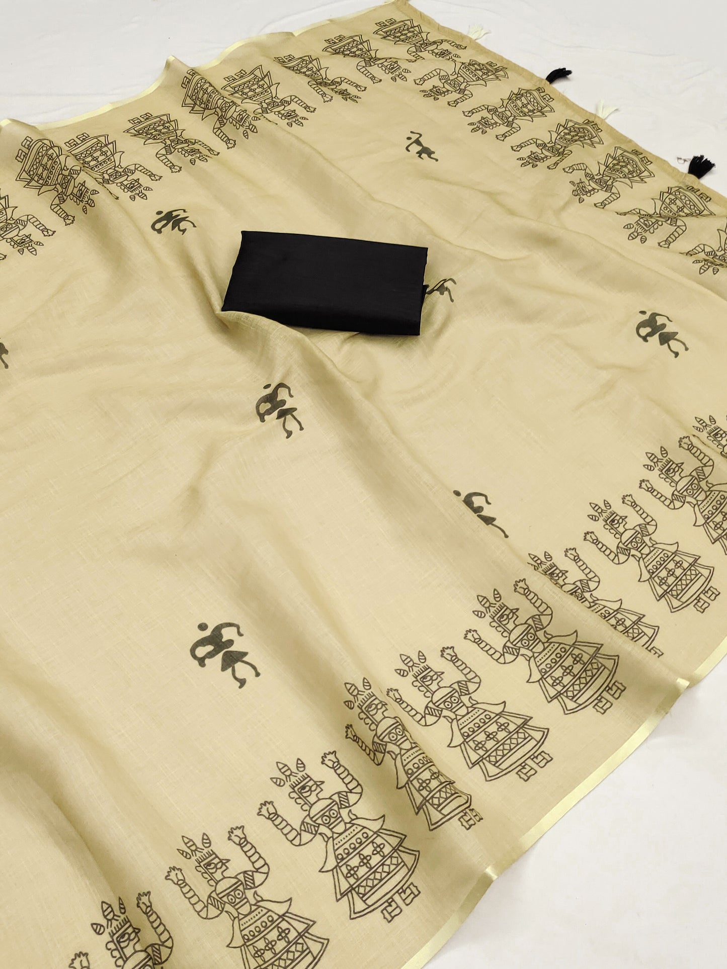 Elegant Beige Linen Saree with Tribal Dancer Border & Folk Art Motifs