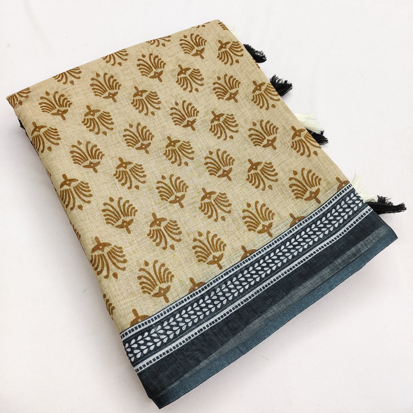 Elegant Mustard Linen Saree with Bird Motifs & Black Paisley Statement Pallu