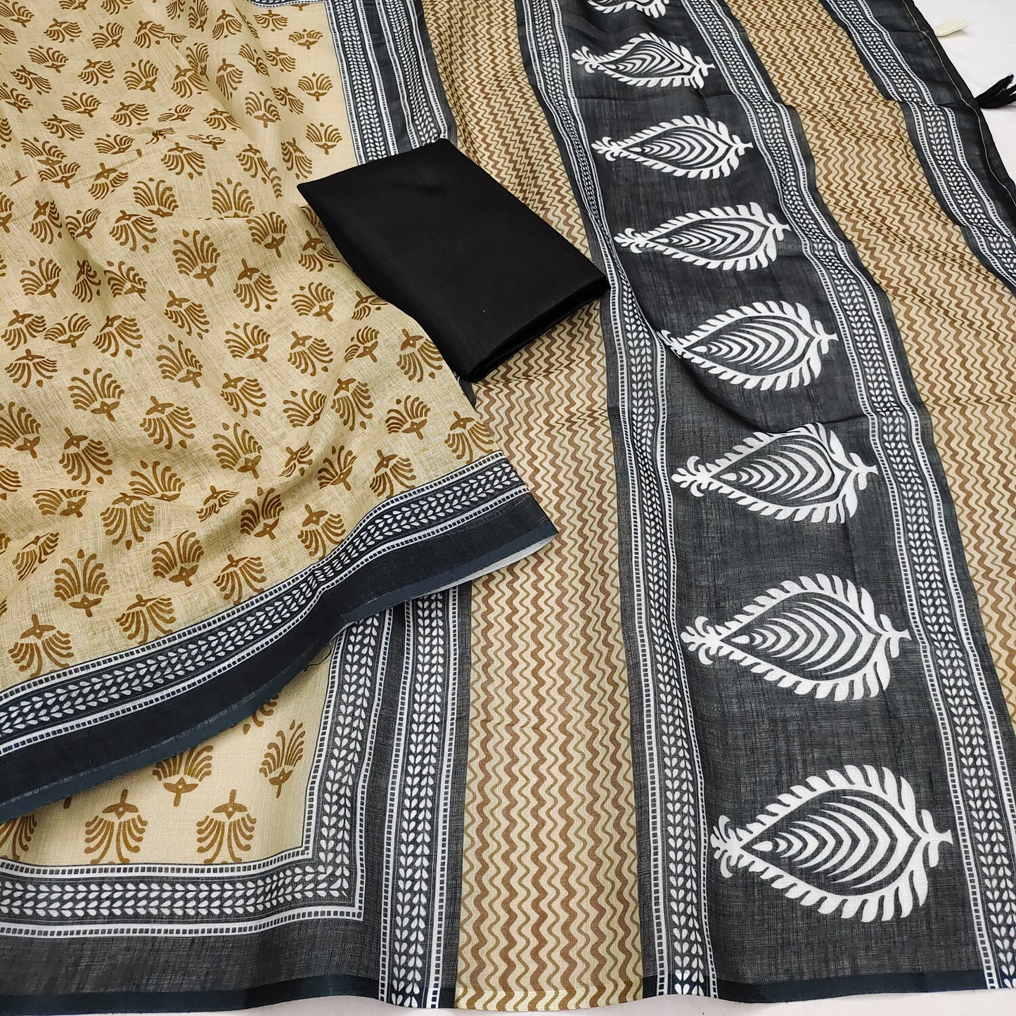 Elegant Mustard Linen Saree with Bird Motifs & Black Paisley Statement Pallu