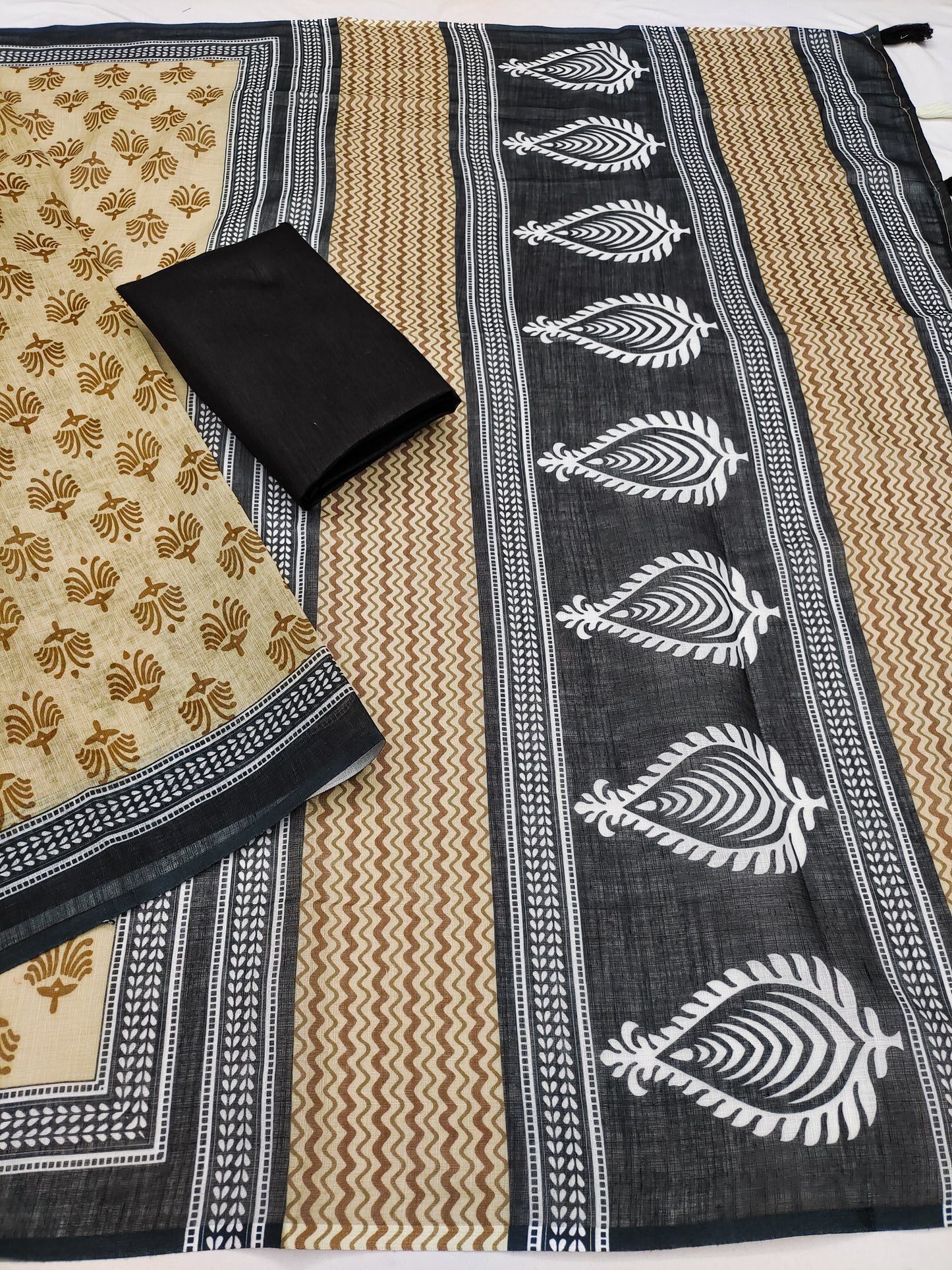 Elegant Mustard Linen Saree with Bird Motifs & Black Paisley Statement Pallu
