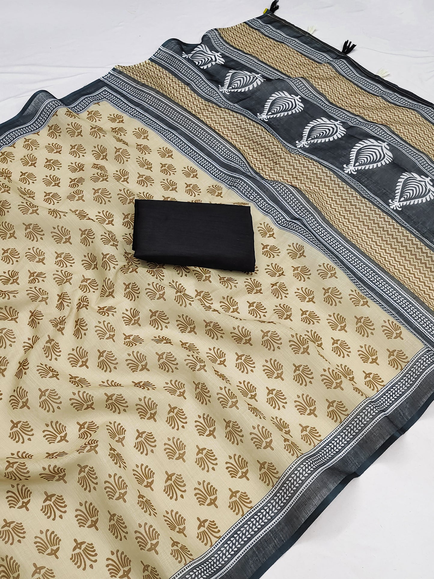 Elegant Mustard Linen Saree with Bird Motifs & Black Paisley Statement Pallu