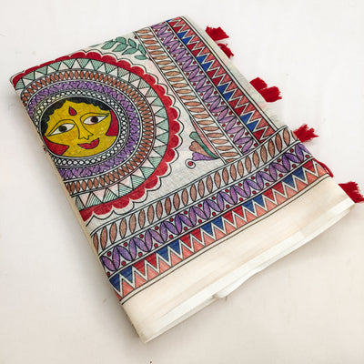 Royal Off-White Linen Saree with Madhubani Sun Face Mandala Art
