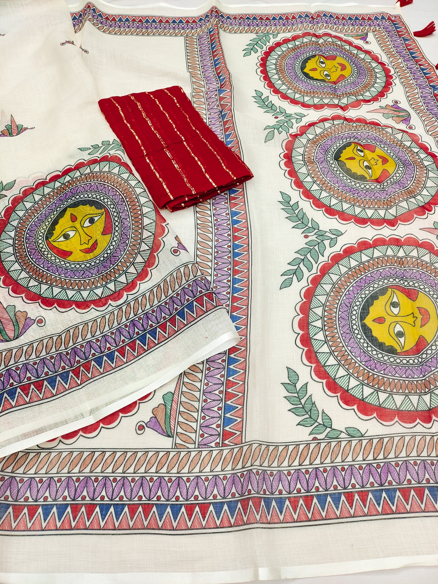 Royal Off-White Linen Saree with Madhubani Sun Face Mandala Art