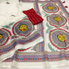 Royal Off-White Linen Saree with Madhubani Sun Face Mandala Art