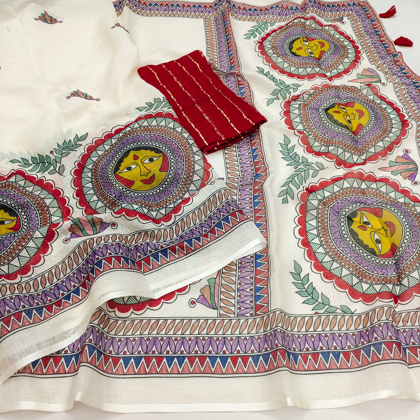 Royal Off-White Linen Saree with Madhubani Sun Face Mandala Art