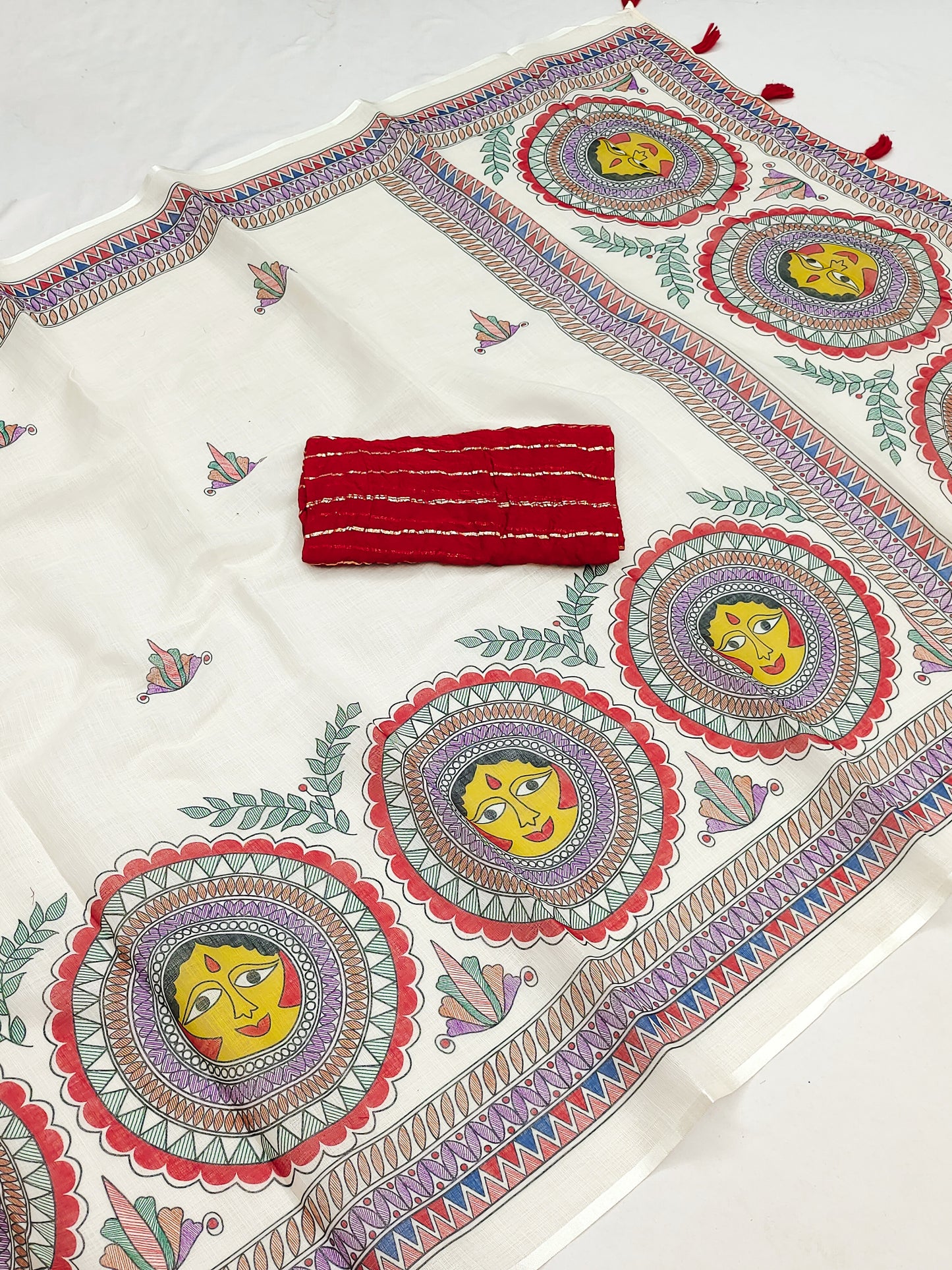 Royal Off-White Linen Saree with Madhubani Sun Face Mandala Art