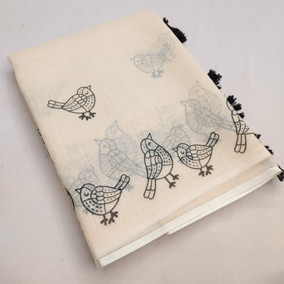 Graceful Off-White Linen Saree with Minimalist Bird Border Design