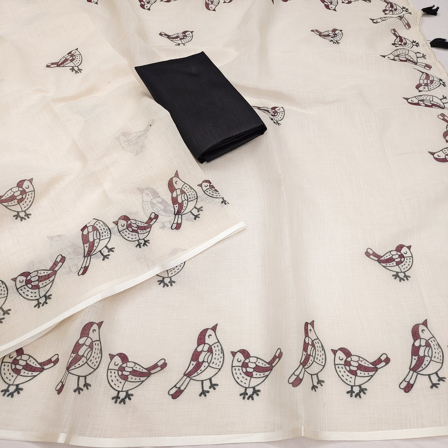Elegant Off-White Linen Saree with Maroon Bird Motif Border