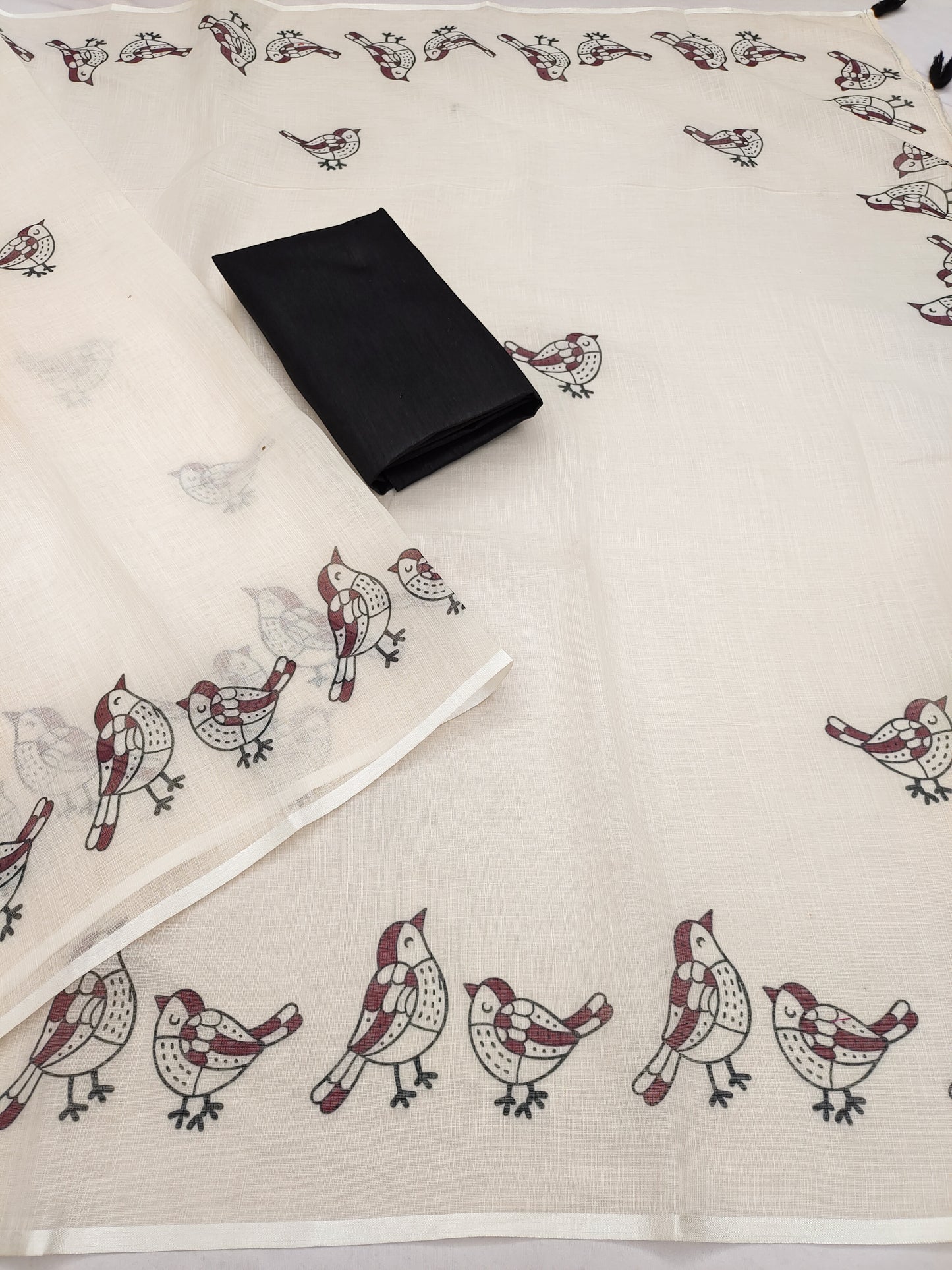 Elegant Off-White Linen Saree with Maroon Bird Motif Border