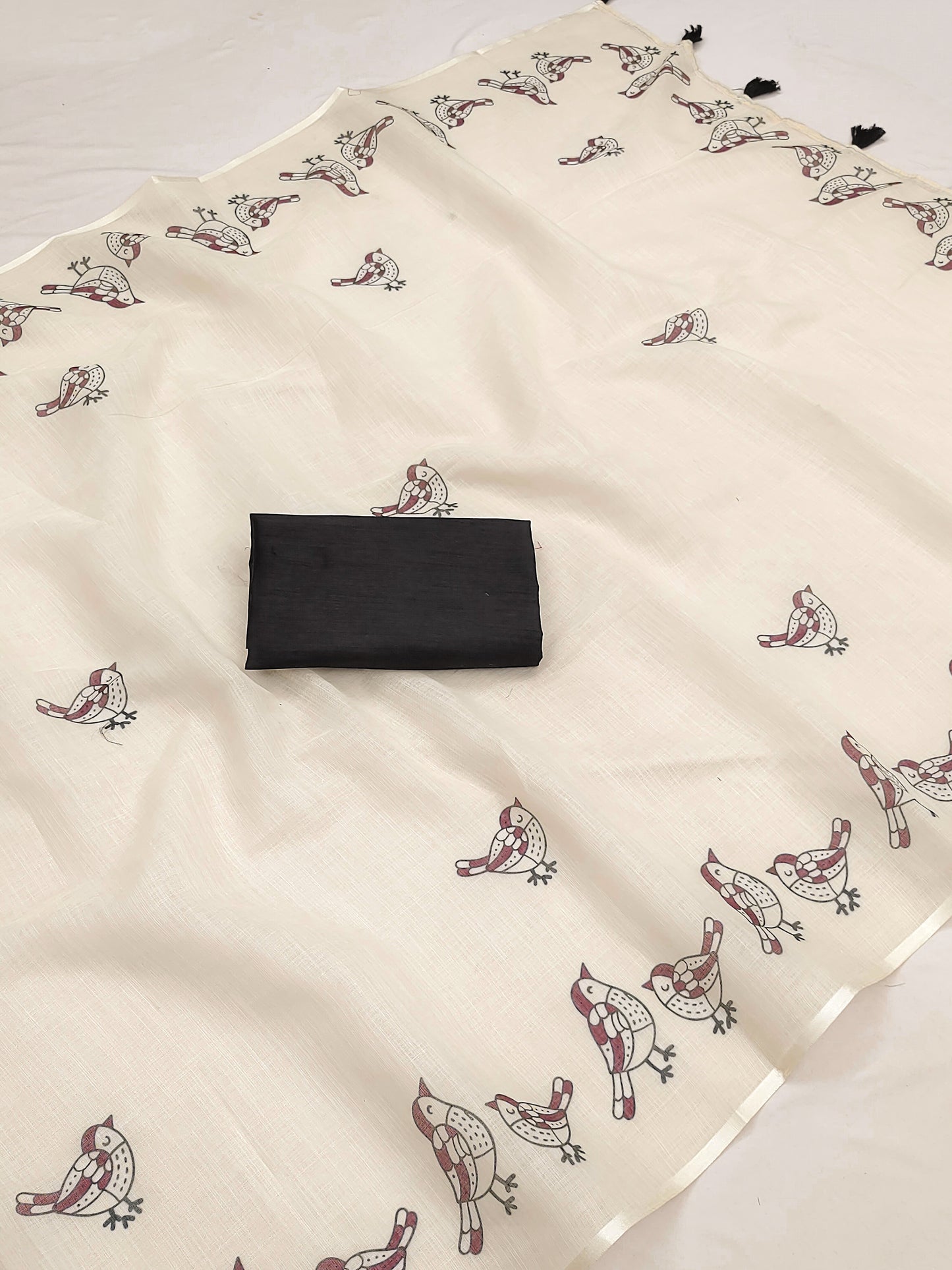 Elegant Off-White Linen Saree with Maroon Bird Motif Border