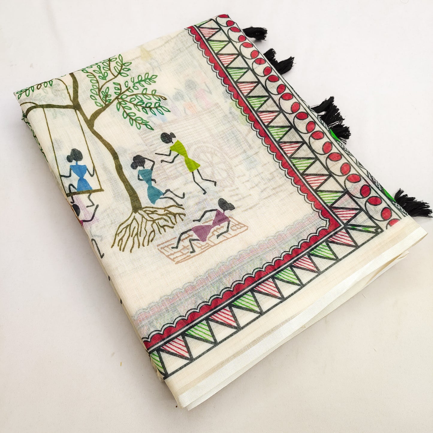 Artistic Off-White Linen Saree with Warli Village Story & Tribal Border
