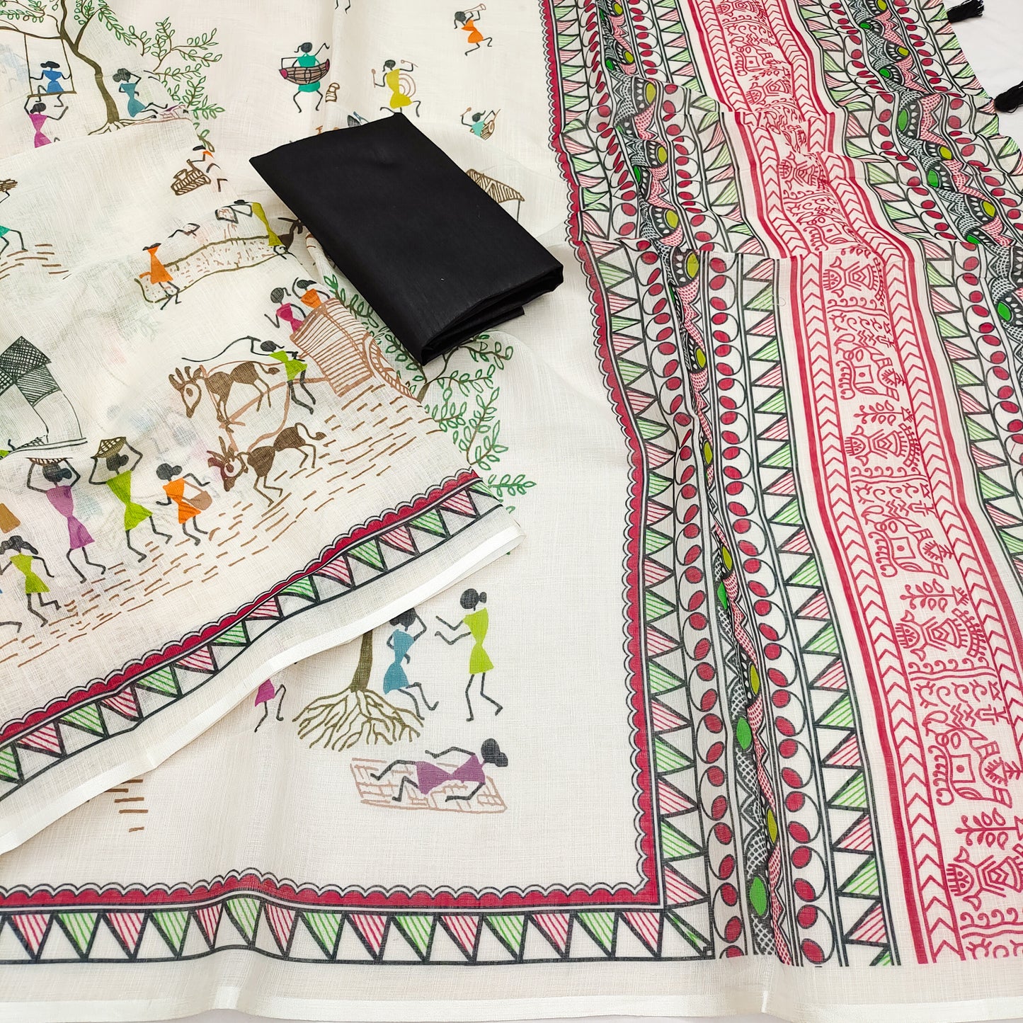 Artistic Off-White Linen Saree with Warli Village Story & Tribal Border