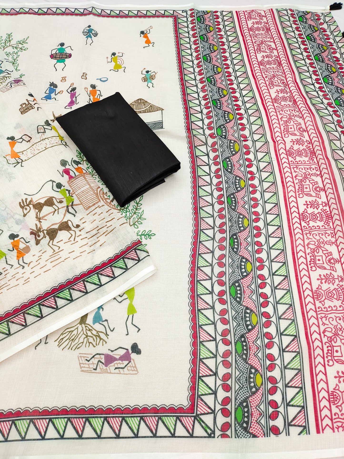 Artistic Off-White Linen Saree with Warli Village Story & Tribal Border