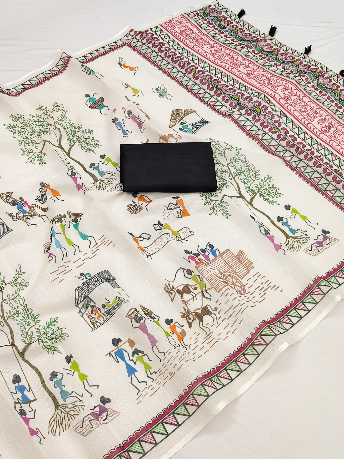 Artistic Off-White Linen Saree with Warli Village Story & Tribal Border