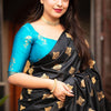 Elaborate Black and Firozi Soft Silk Saree With Piquant Blouse Piece