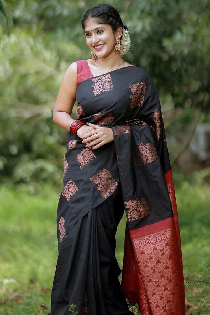Adorable Black Soft Silk Saree With Gratifying Blouse Piece