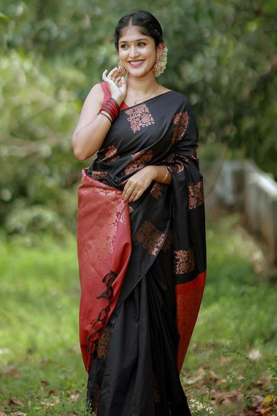 Adorable Black Soft Silk Saree With Gratifying Blouse Piece