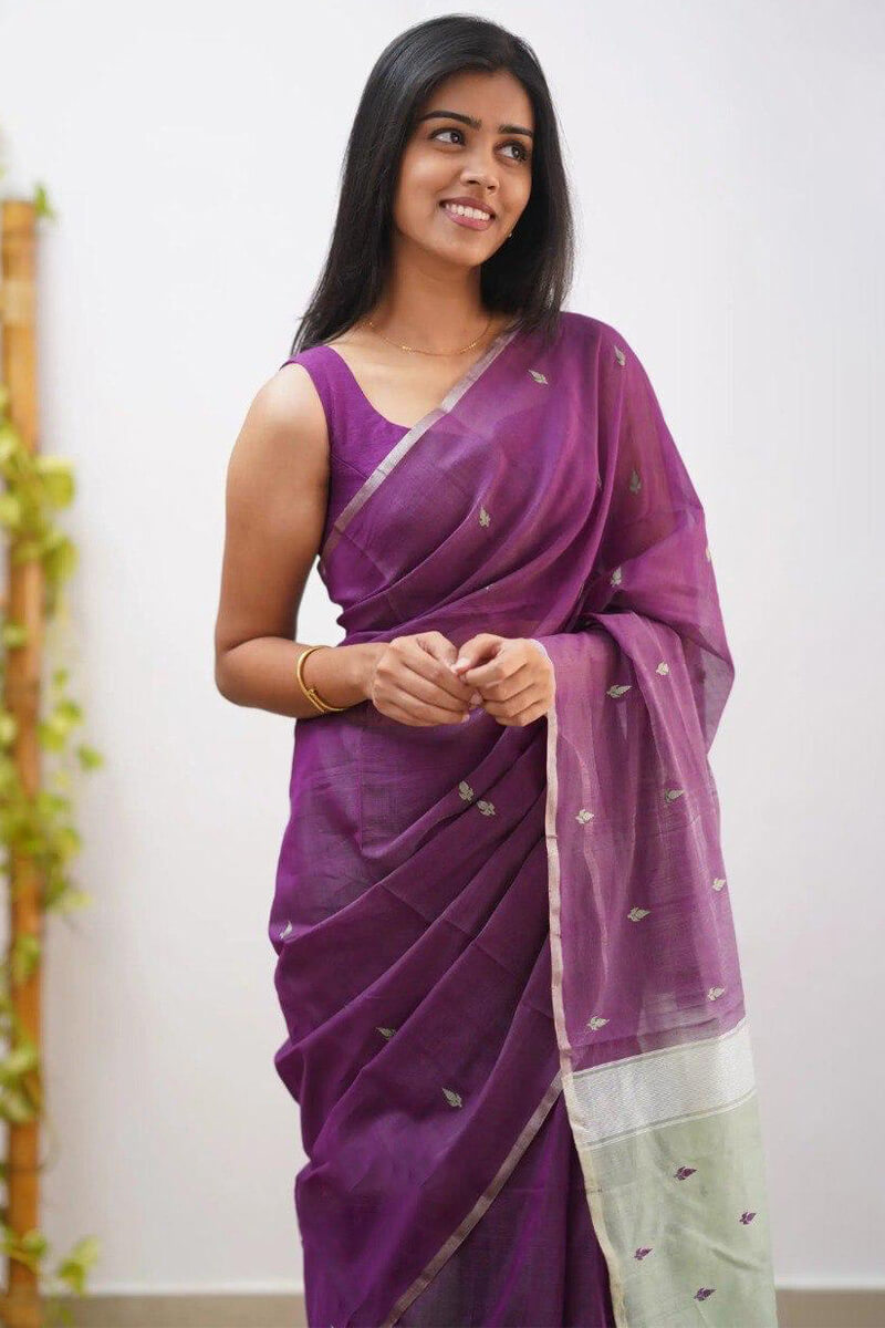 Energetic Purple Cotton Silk Saree With Comely Blouse Piece