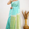 Mellifluous Sea Green Cotton Silk Saree With Staggering Blouse Piece
