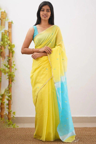 Arresting Yellow Cotton Silk Saree With Jazzy Blouse Piece