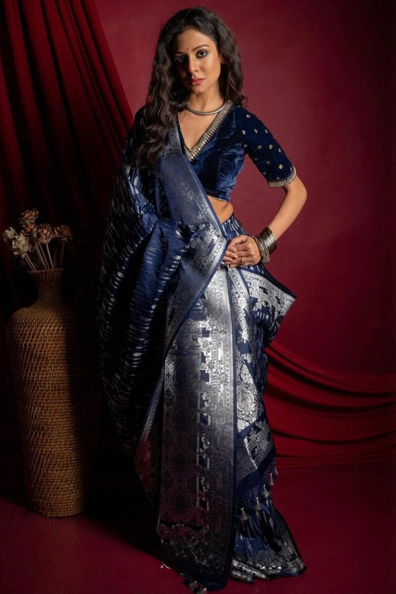 Preferable Navy Blue Soft Silk Saree With Beleaguer Blouse Piece