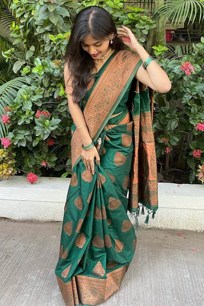 Desiring Dark Green Soft Silk Saree With Serendipity Blouse Piece