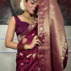 Demure Wine Soft Silk Saree With Diaphanous Blouse Piece