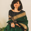 Snazzy Dark Green Linen Silk Saree With Glittering Blouse Piece