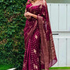 Glorious Wine Soft Silk Saree With Jazzy Blouse Piece
