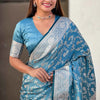 Delightful Firozi Soft Silk Saree With Petrichor Blouse Piece