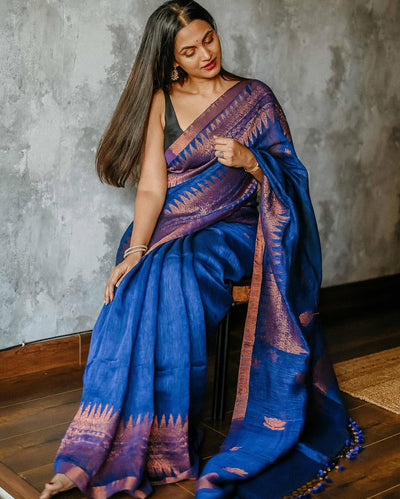 Improbable Royal Blue Cotton Silk Saree With Fragrant Blouse Piece