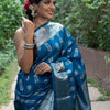 Ornate Blue Soft Silk Saree With Denouement Blouse Piece