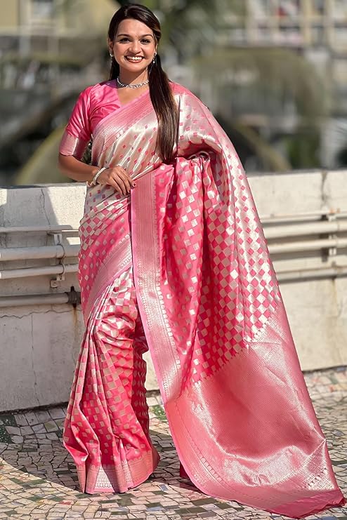 Charming Pink Soft Silk Saree With Blooming Blouse Piece