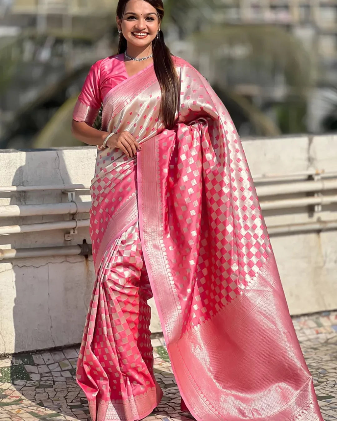 Charming Pink Soft Silk Saree With Blooming Blouse Piece
