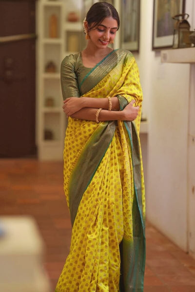 Ephemeral Yellow Soft Silk Saree With Ornate Blouse Piece