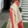 Elision Beige Soft Silk Saree With Elaborate Blouse Piece