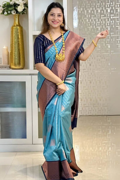Verdant Firozi Soft Silk Saree With Supernal Blouse Piece