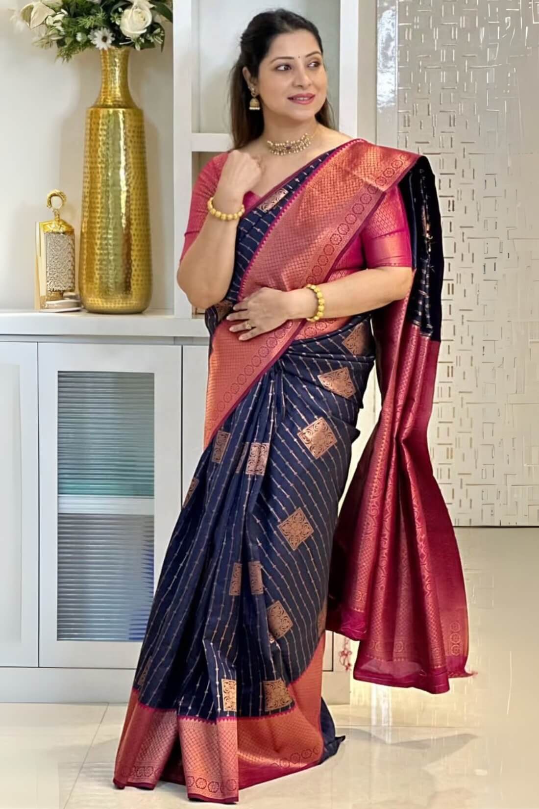 Evocative Navy Blue Soft Silk Saree With Scintilla Blouse Piece
