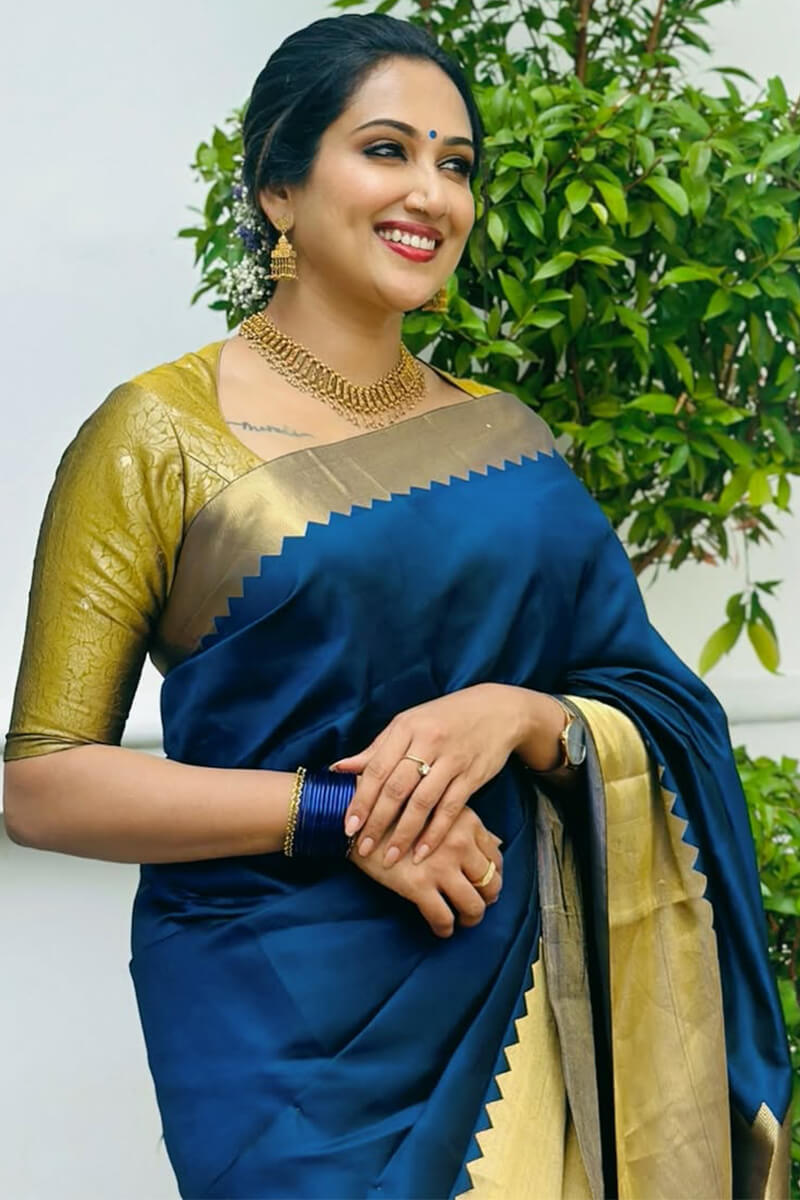 Rhapsody Navy Blue Soft Silk Saree With Fairytale Blouse Piece