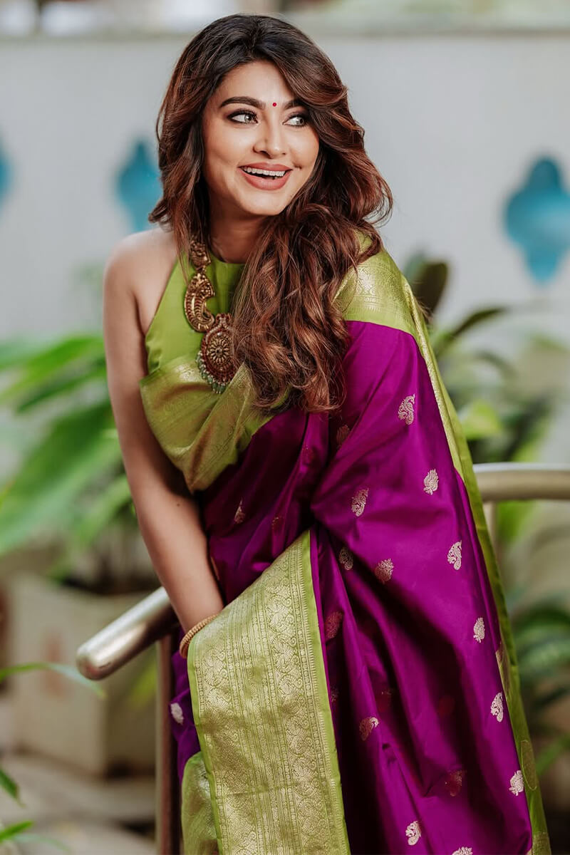 Stylish Purple Soft Silk Saree With Elision Blouse Piece