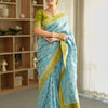Devastating Sky Soft Silk Saree With Glamorous Blouse Piece