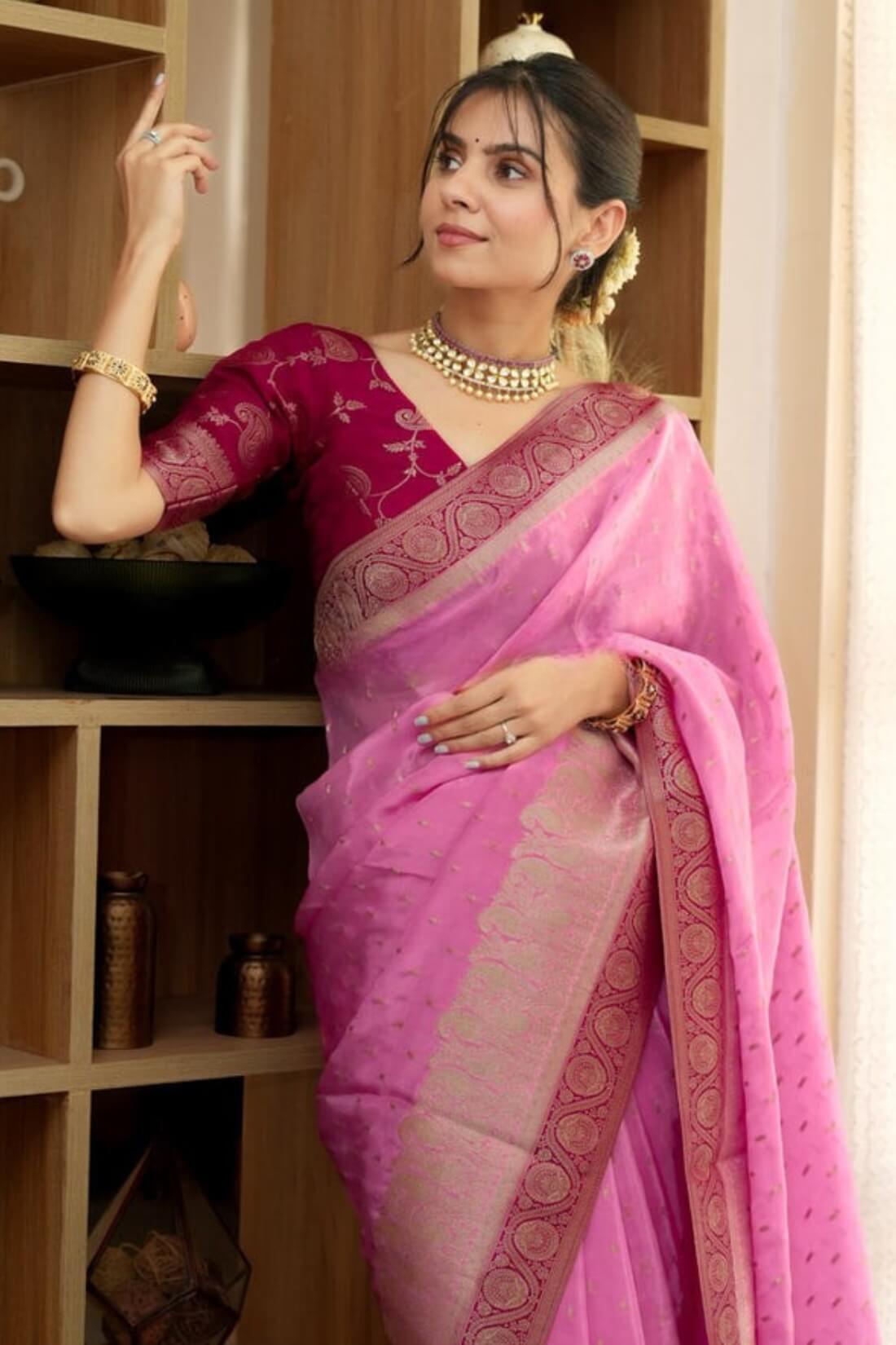 Pulsating Pink Soft Silk Saree With Opulent Blouse Piece