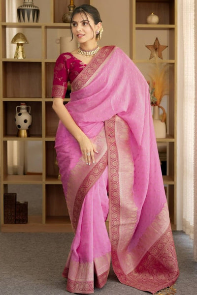 Pulsating Pink Soft Silk Saree With Opulent Blouse Piece