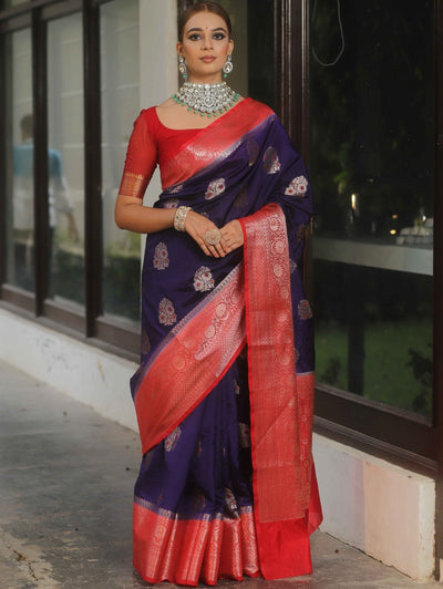 Embrocation Navy Blue Soft Silk Saree With Glowing Blouse Piece