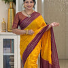 Adorning Yellow Soft Silk Saree With Unique Blouse Piece